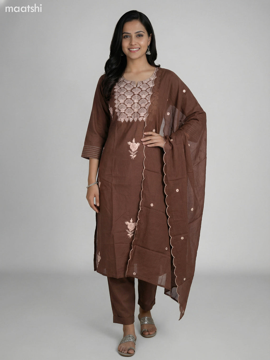 Brown Cotton Embroidery Work A-Line Suit Straight Cut Pant