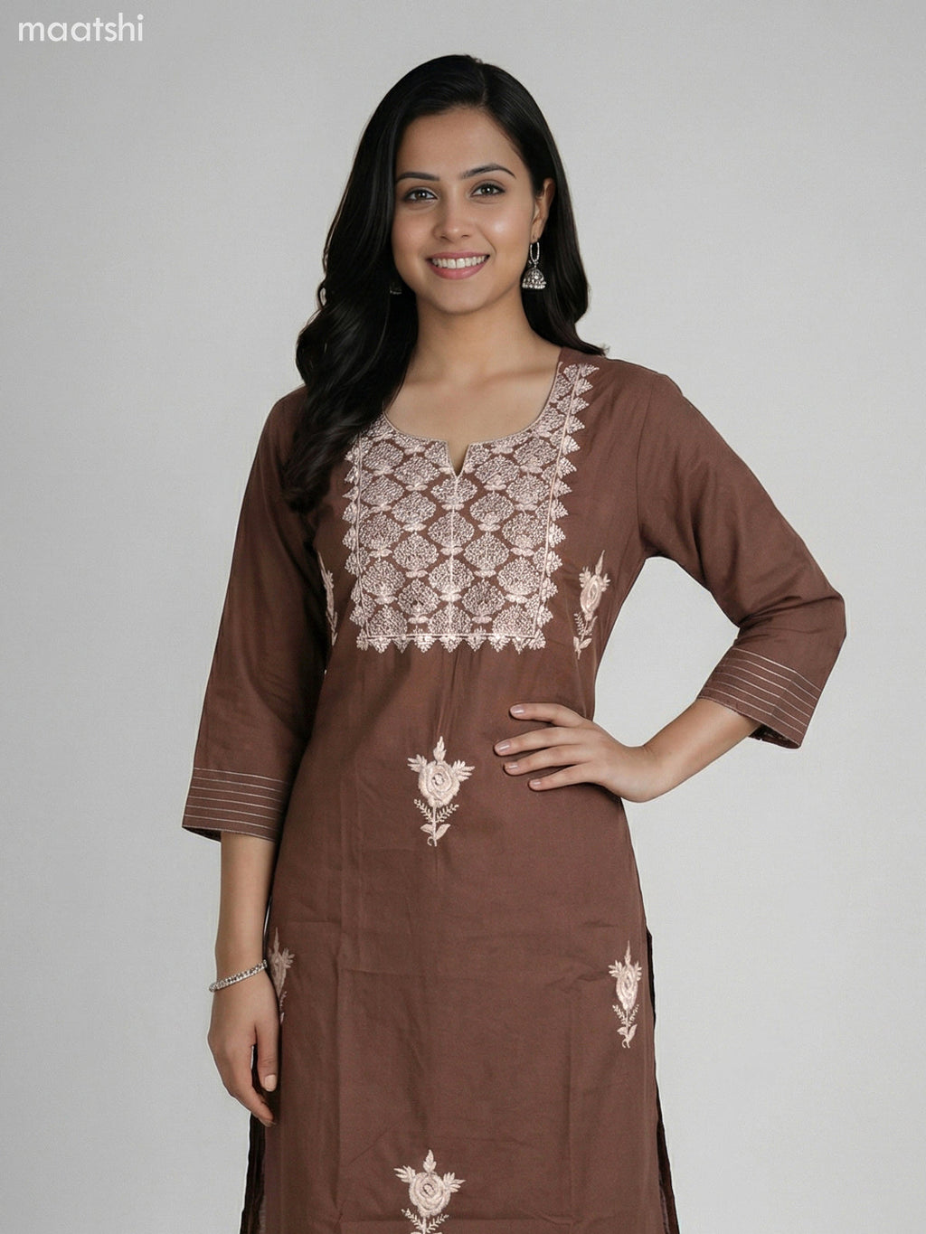 Brown Cotton Embroidery Work A-Line Suit Straight Cut Pant