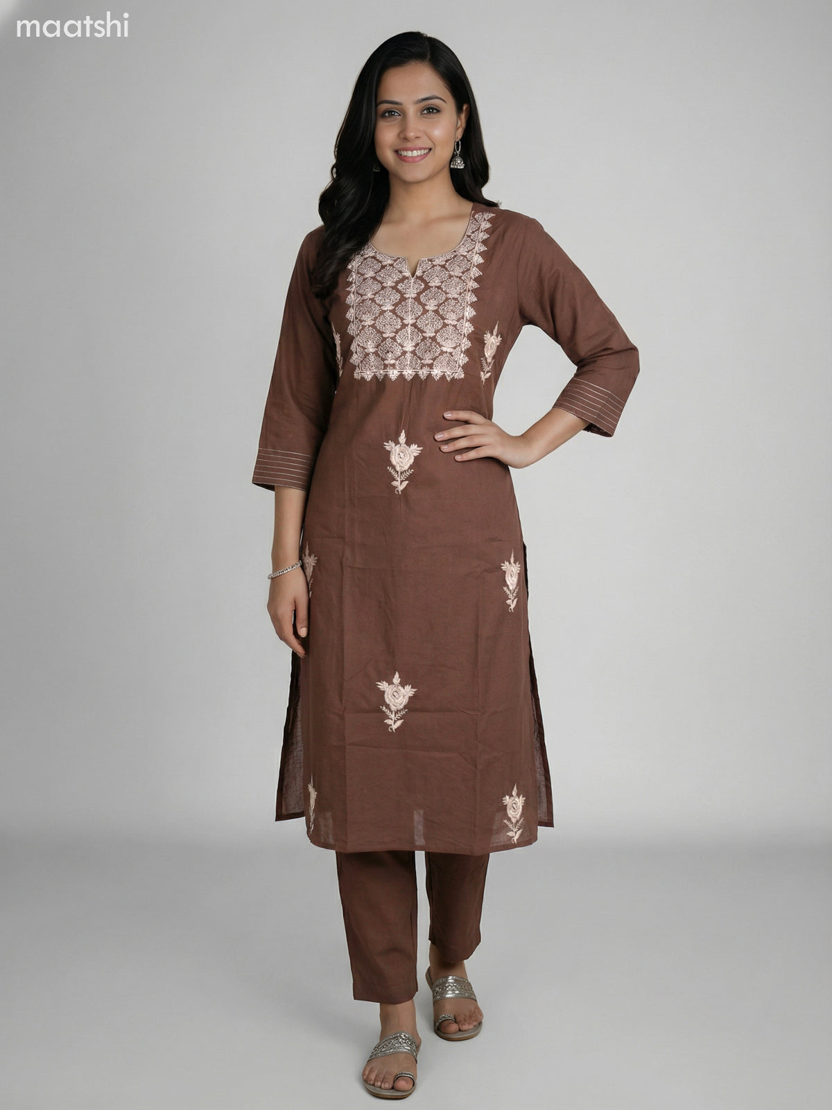 Brown Cotton Embroidery Work A-Line Suit Straight Cut Pant