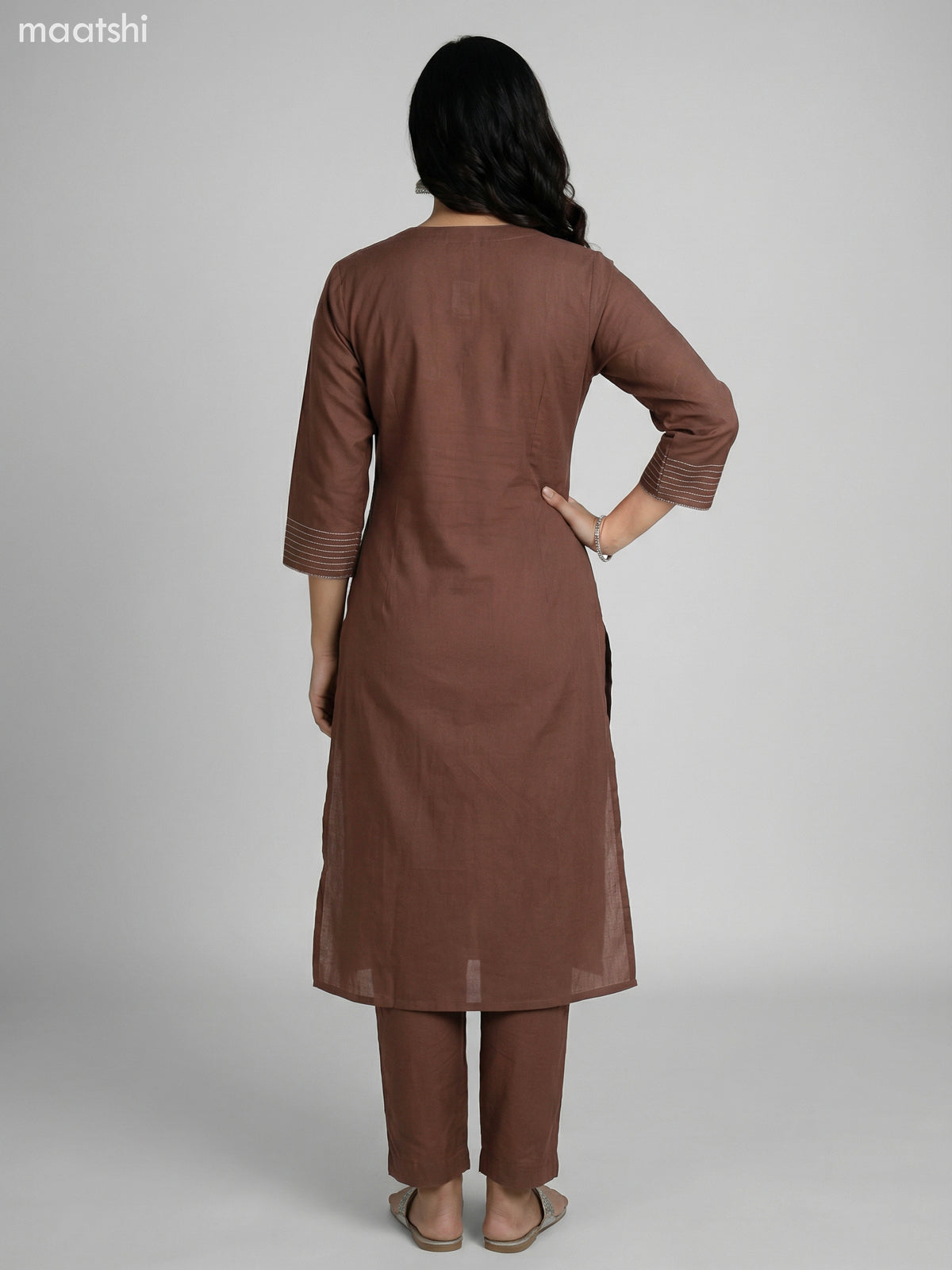 Brown Cotton Embroidery Work A-Line Suit Straight Cut Pant