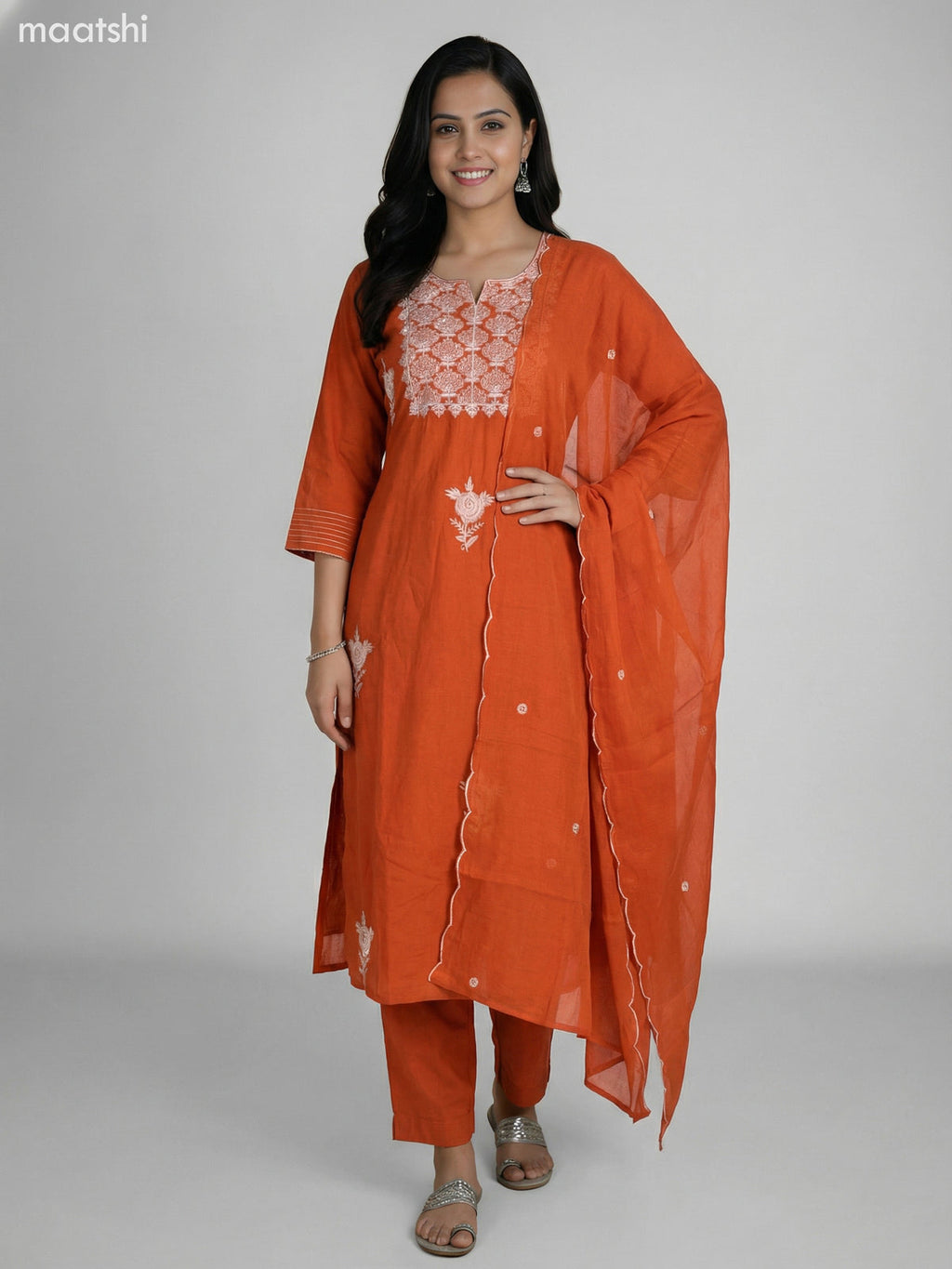 Rustic Orange Cotton Embroidery Work A-Line Suit Straight Cut Pant