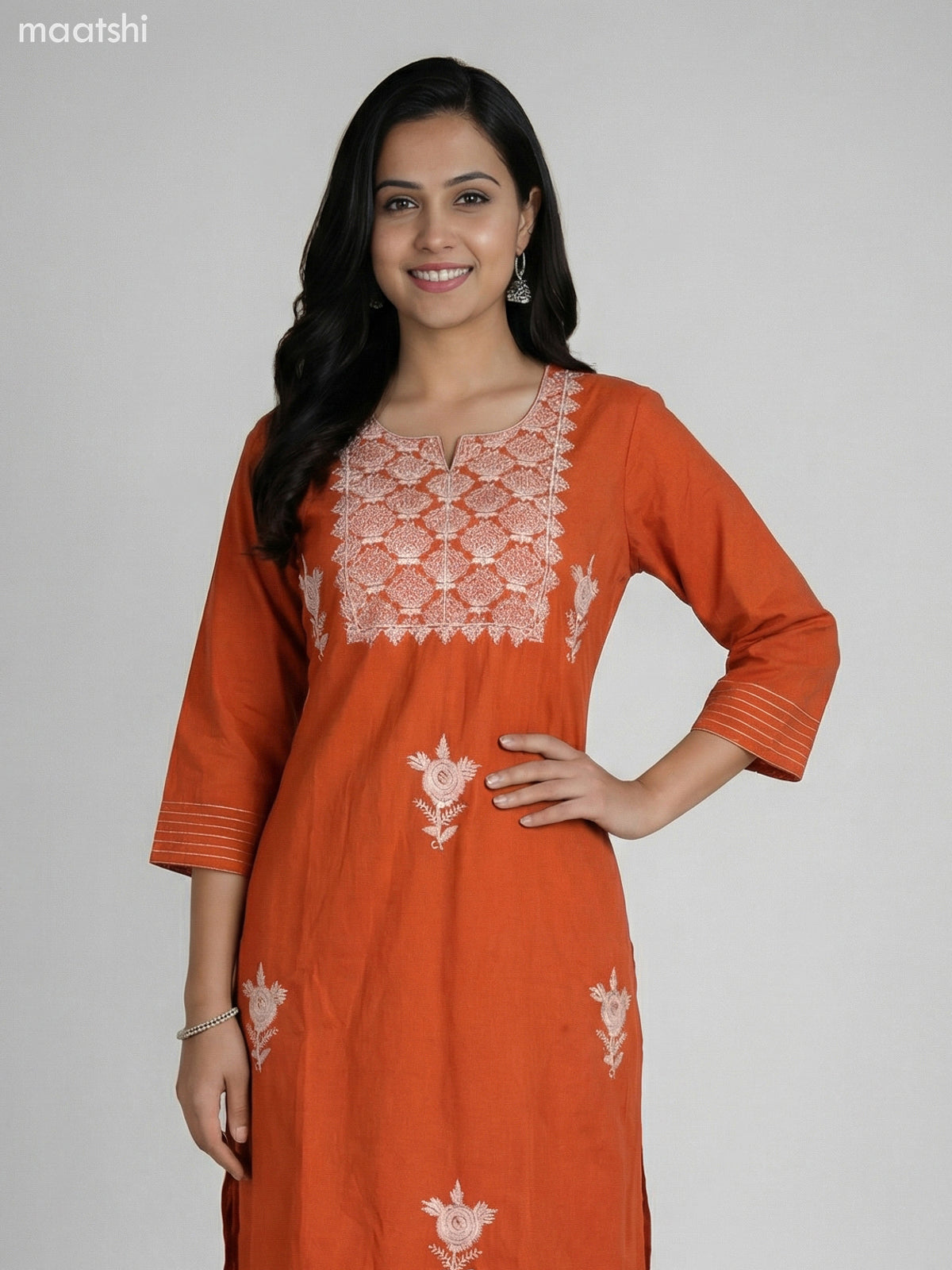 Rustic Orange Cotton Embroidery Work A-Line Suit Straight Cut Pant
