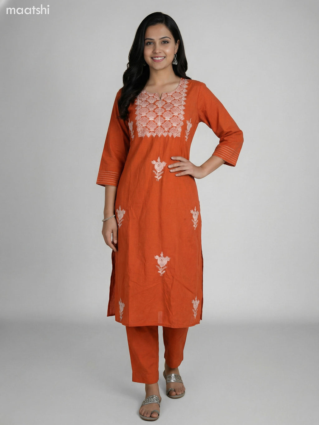 Rustic Orange Cotton Embroidery Work A-Line Suit Straight Cut Pant