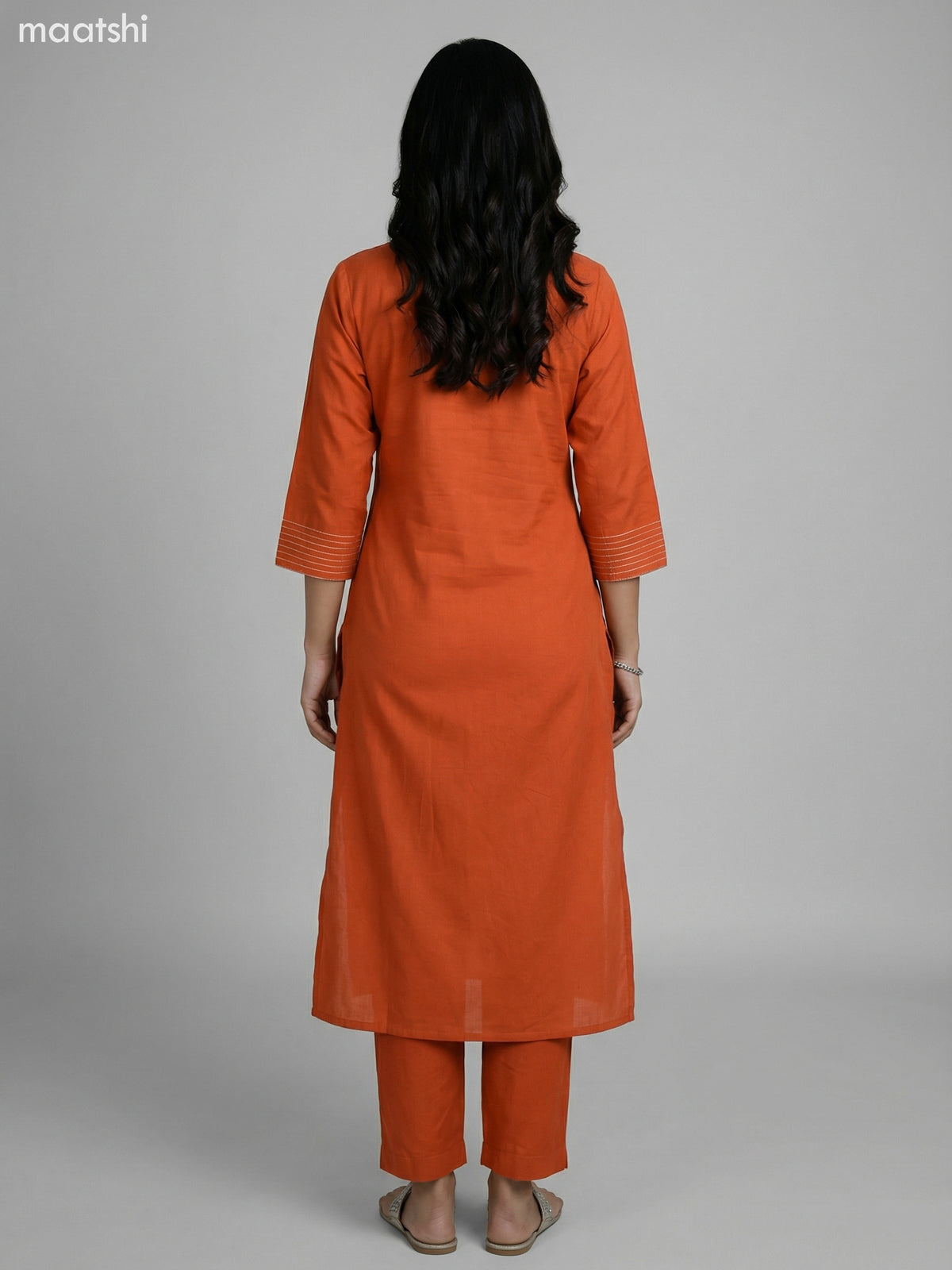 Rustic Orange Cotton Embroidery Work A-Line Suit Straight Cut Pant
