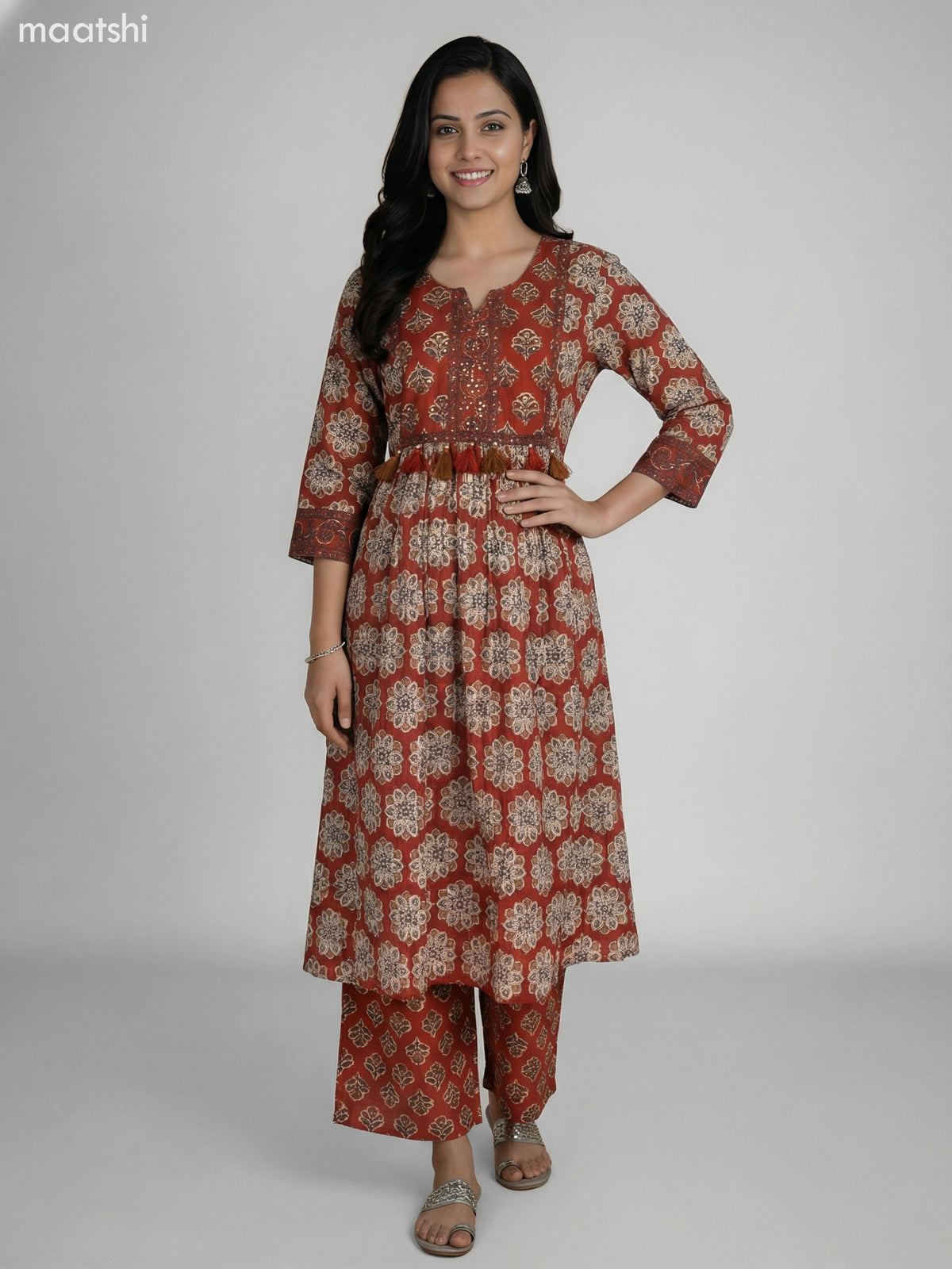 Rust Shade Cotton Printed Anarkali Suit Palazzo Pant
