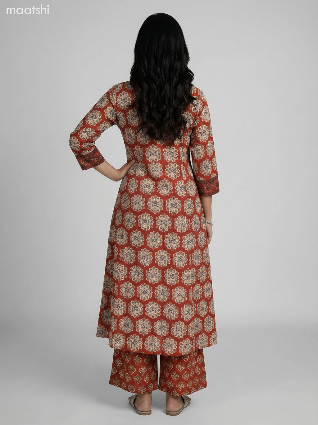 Rust Shade Cotton Printed Anarkali Suit Palazzo Pant