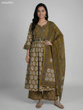 Mehendi Green Cotton Printed Anarkali Suit Palazzo Pant