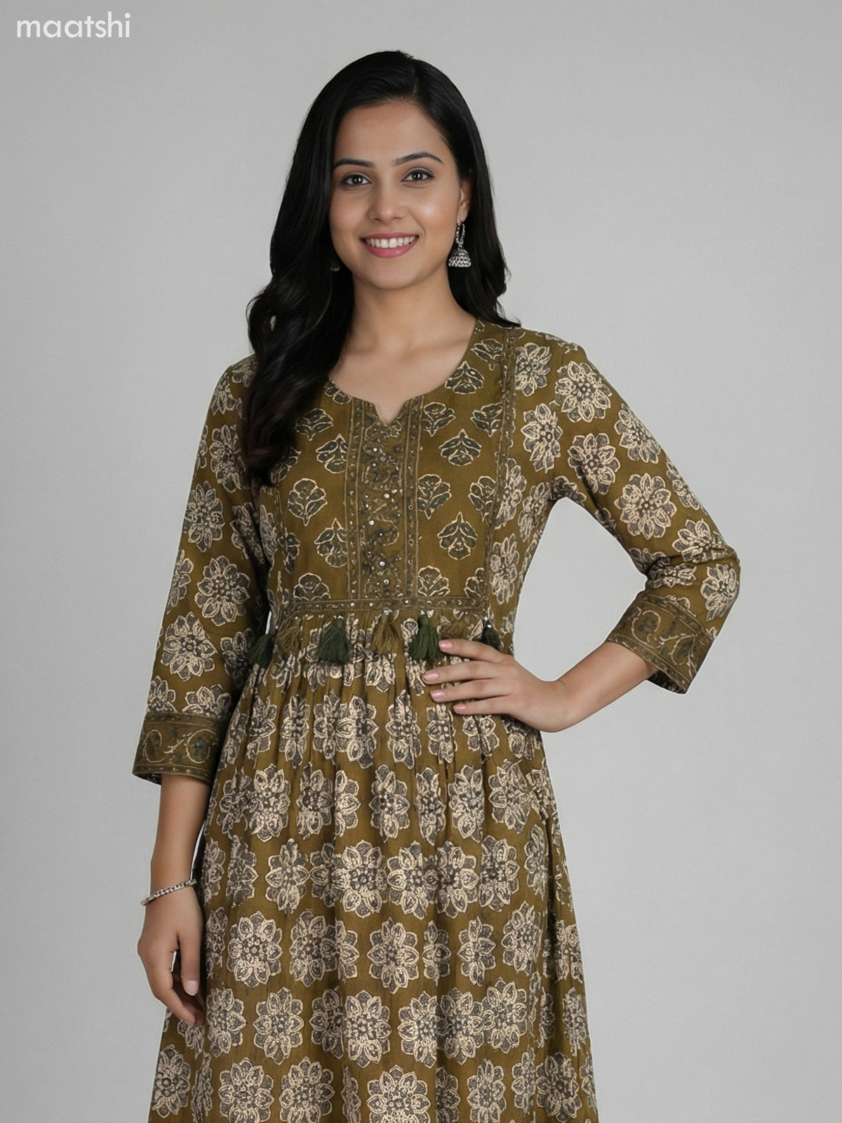 Mehendi Green Cotton Printed Anarkali Suit Palazzo Pant