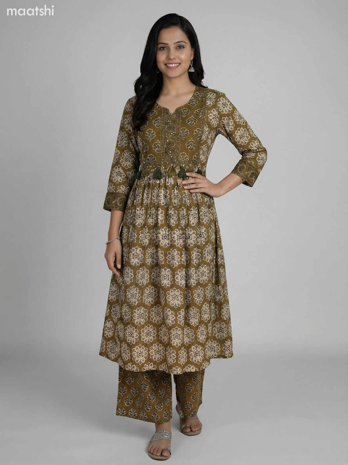 Mehendi Green Cotton Printed Anarkali Suit Palazzo Pant
