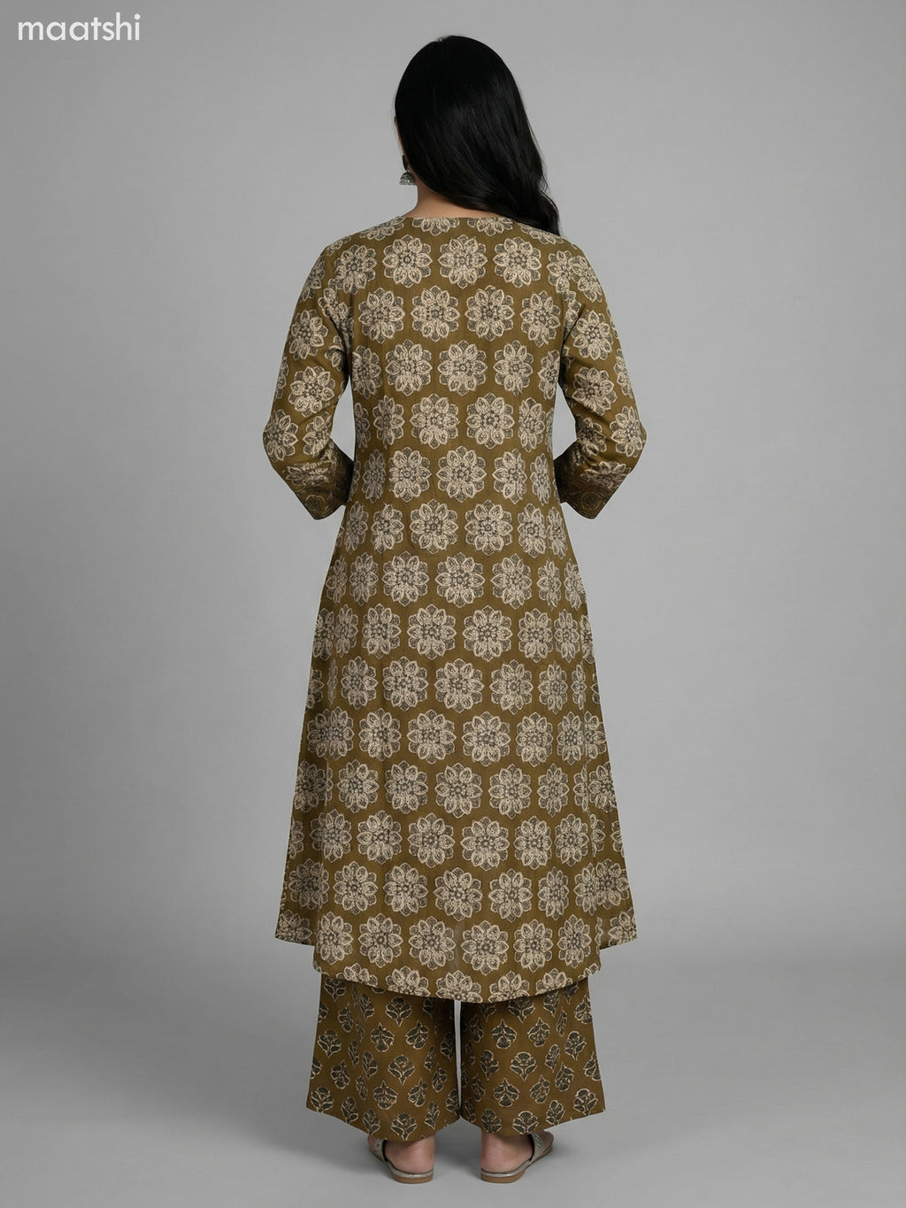 Mehendi Green Cotton Printed Anarkali Suit Palazzo Pant