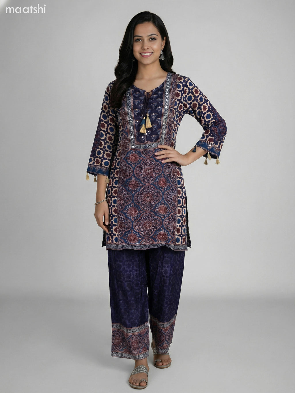 Black and Beige Blue Crepe Silk Ajrakh Printed Kurti Set Palazzo Pant