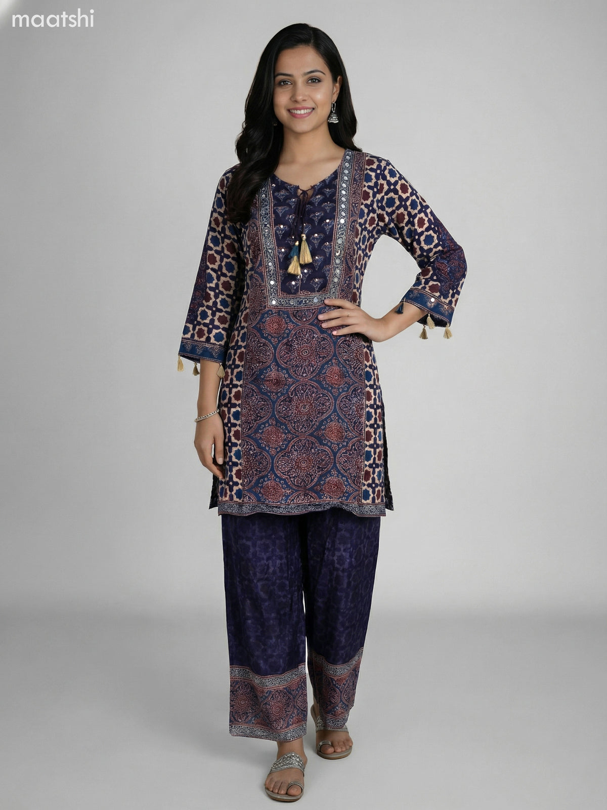 Black and Beige Blue Crepe Silk Ajrakh Printed Kurti Set Palazzo Pant