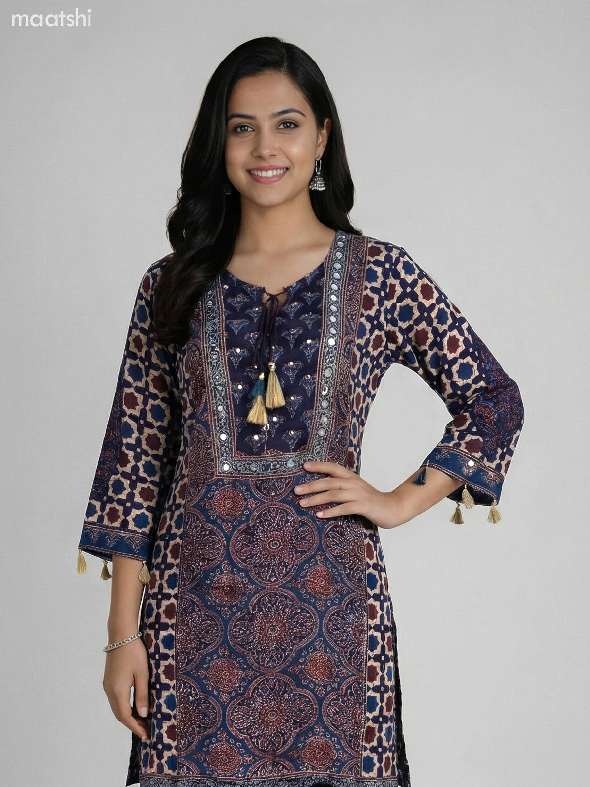 Black and Beige Blue Crepe Silk Ajrakh Printed Kurti Set Palazzo Pant