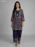 Black and Beige Blue Crepe Silk Ajrakh Printed Kurti Set Palazzo Pant