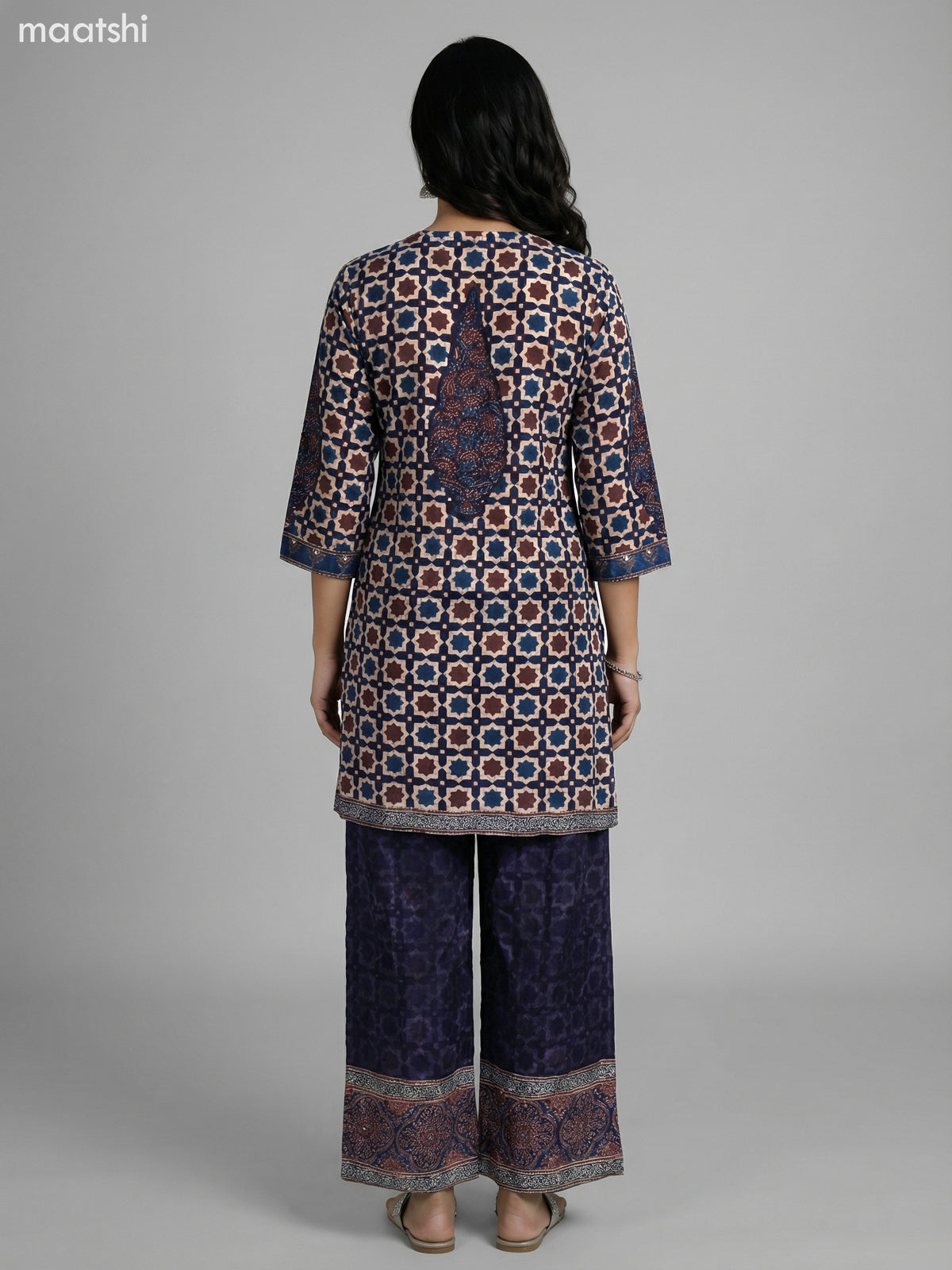 Black and Beige Blue Crepe Silk Ajrakh Printed Kurti Set Palazzo Pant