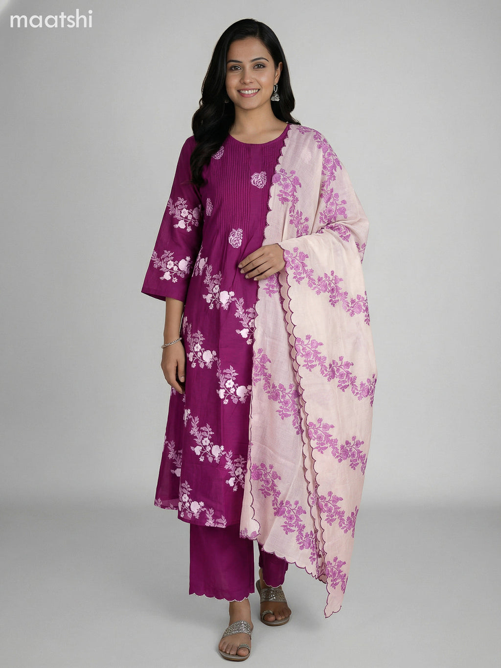Magenta Pink and Cream Cotton Floral Printed Semi Anarkali Suit