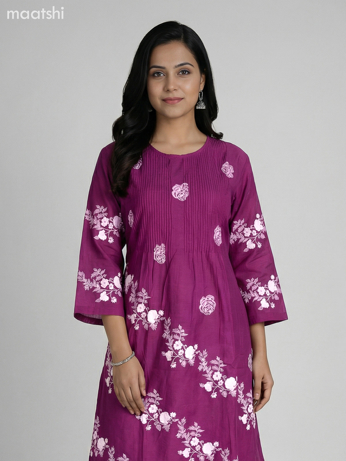 Magenta Pink and Cream Cotton Floral Printed Semi Anarkali Suit
