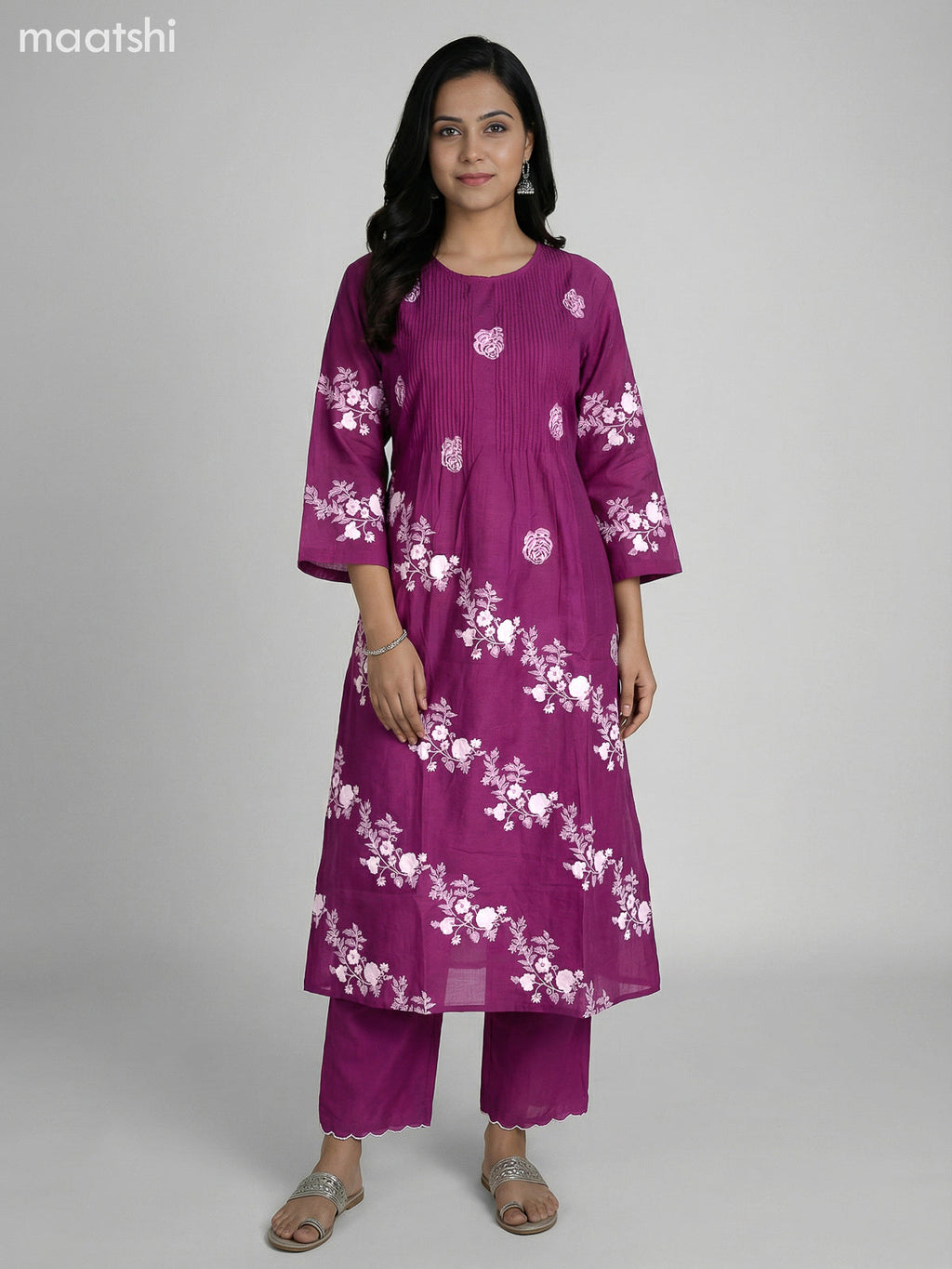 Magenta Pink and Cream Cotton Floral Printed Semi Anarkali Suit