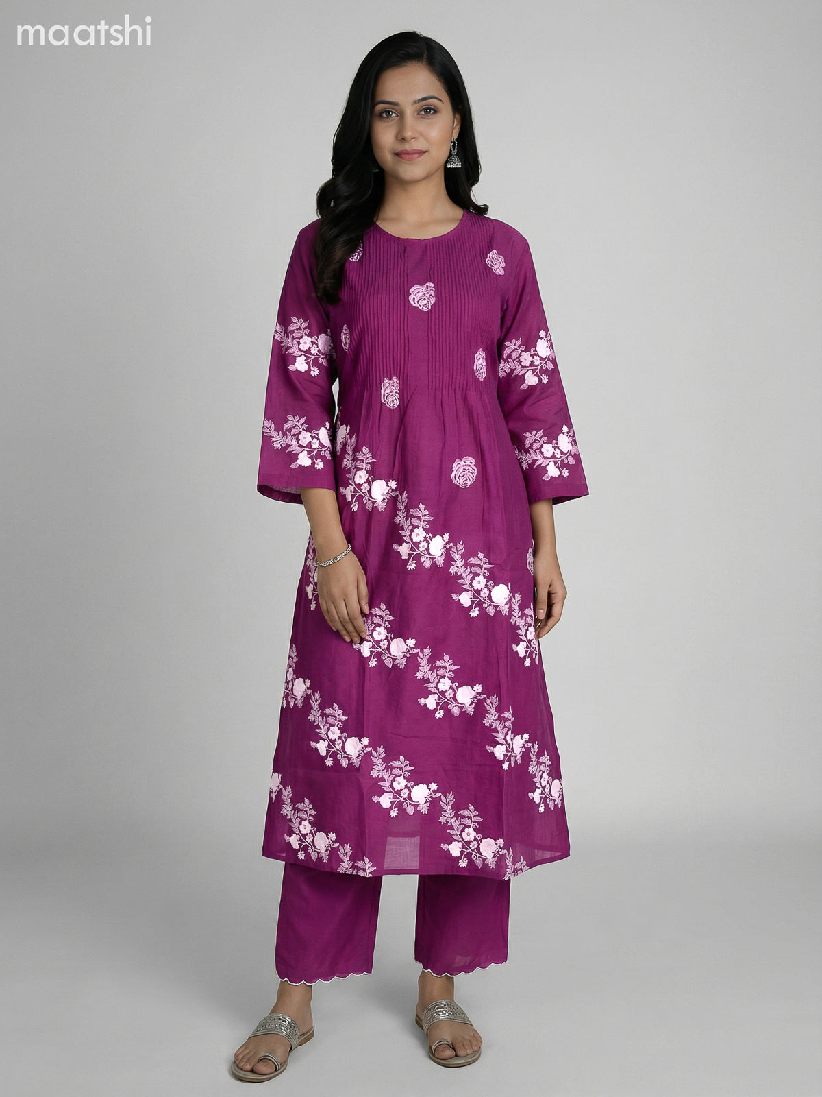 Magenta Pink and Cream Cotton Floral Printed Semi Anarkali Suit