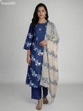 Blue and Cream Cotton Floral Printed Semi Anarkali Suit