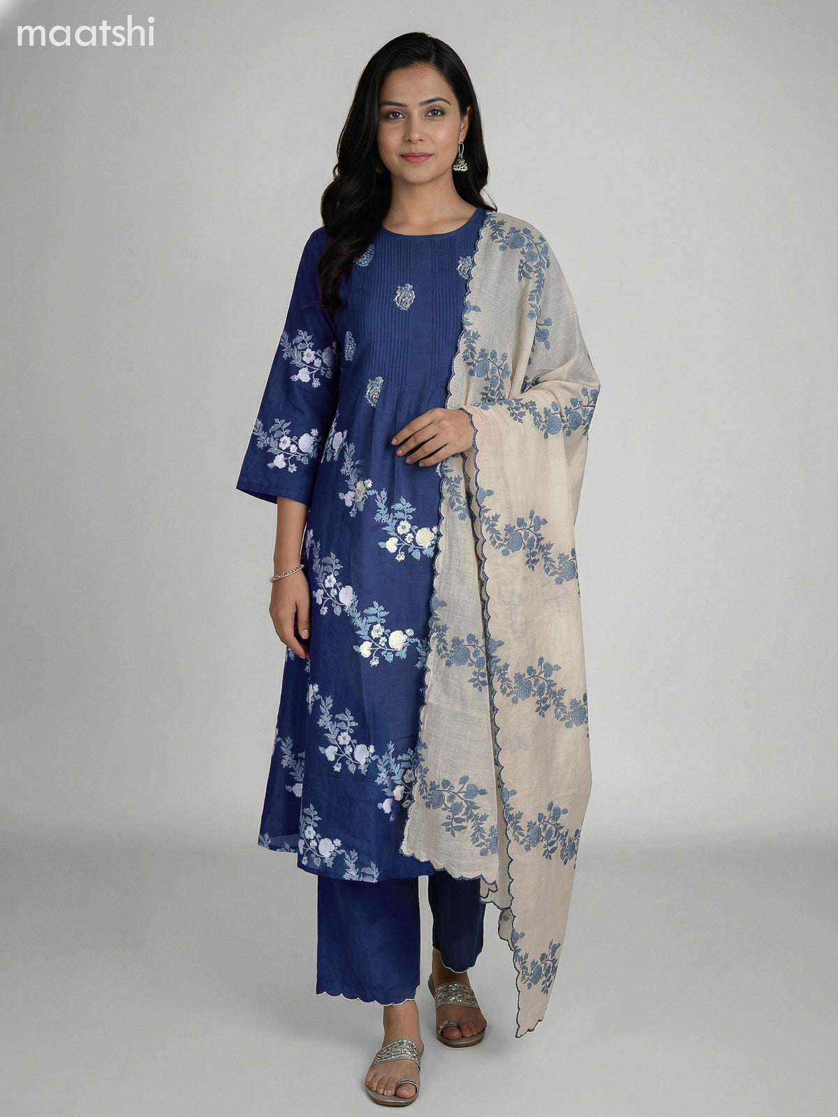 Blue and Cream Cotton Floral Printed Semi Anarkali Suit