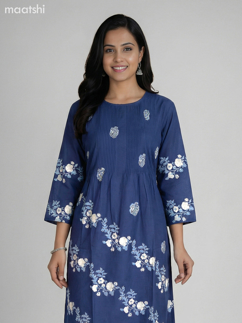 Blue and Cream Cotton Floral Printed Semi Anarkali Suit