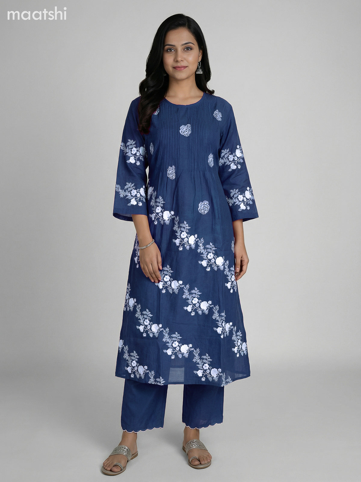 Blue and Cream Cotton Floral Printed Semi Anarkali Suit
