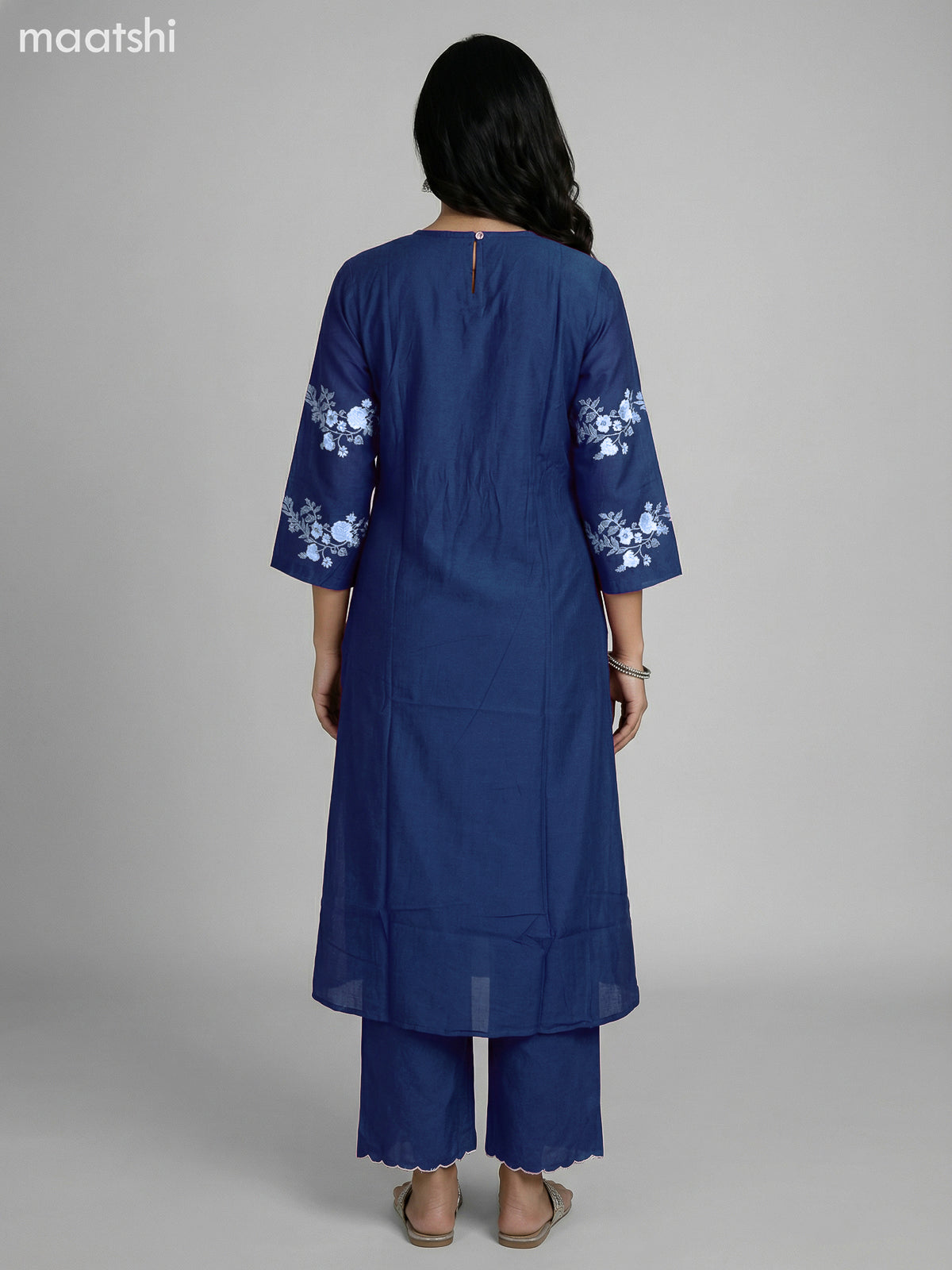 Blue and Cream Cotton Floral Printed Semi Anarkali Suit