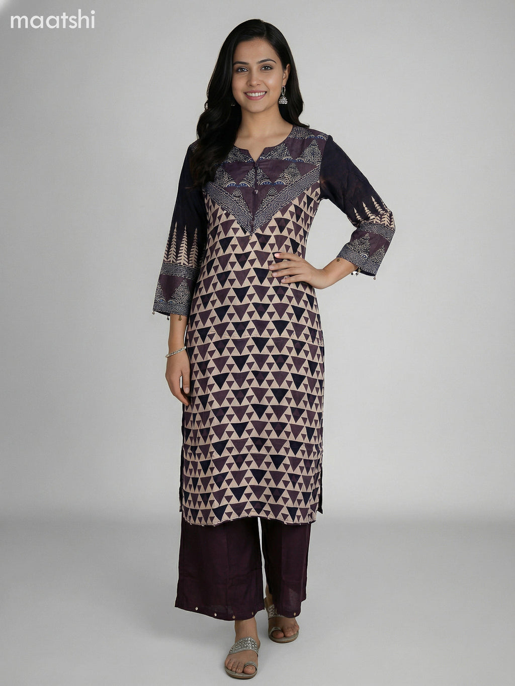 Brown and Beige Crepe Silk Ajrakh Printed Kurti Set
