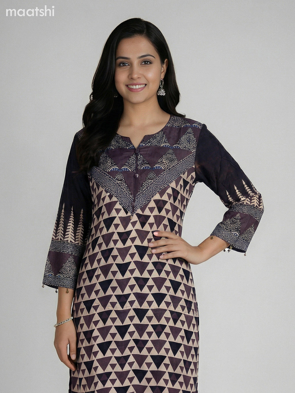 Brown and Beige Crepe Silk Ajrakh Printed Kurti Set