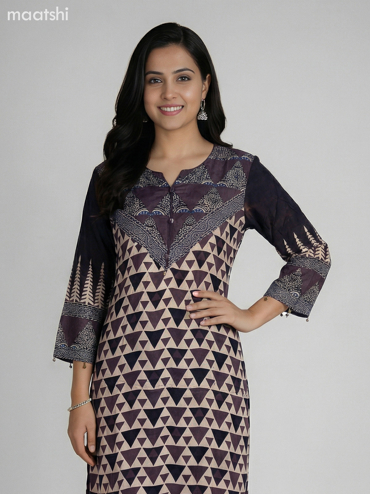 Brown and Beige Crepe Silk Ajrakh Printed Kurti Set