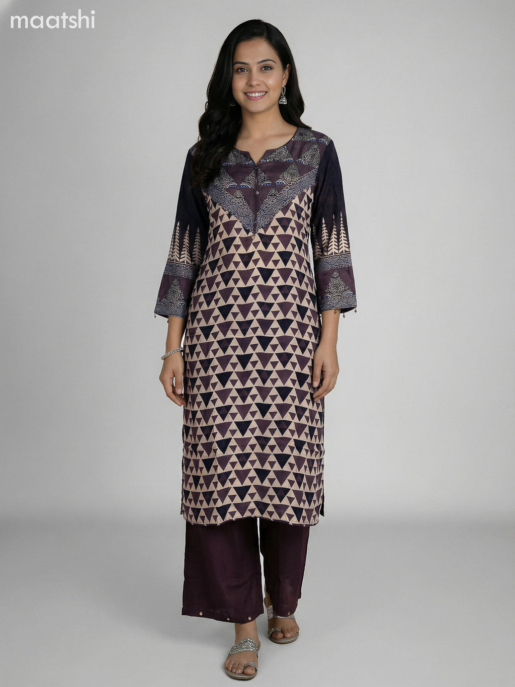 Brown and Beige Crepe Silk Ajrakh Printed Kurti Set