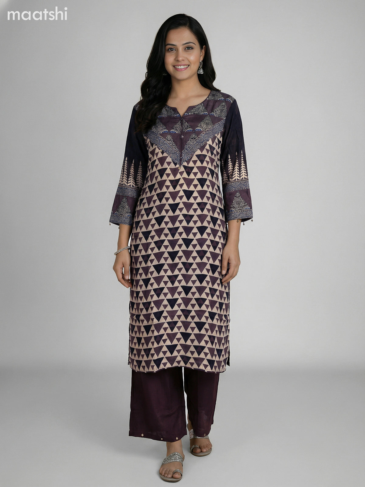 Brown and Beige Crepe Silk Ajrakh Printed Kurti Set