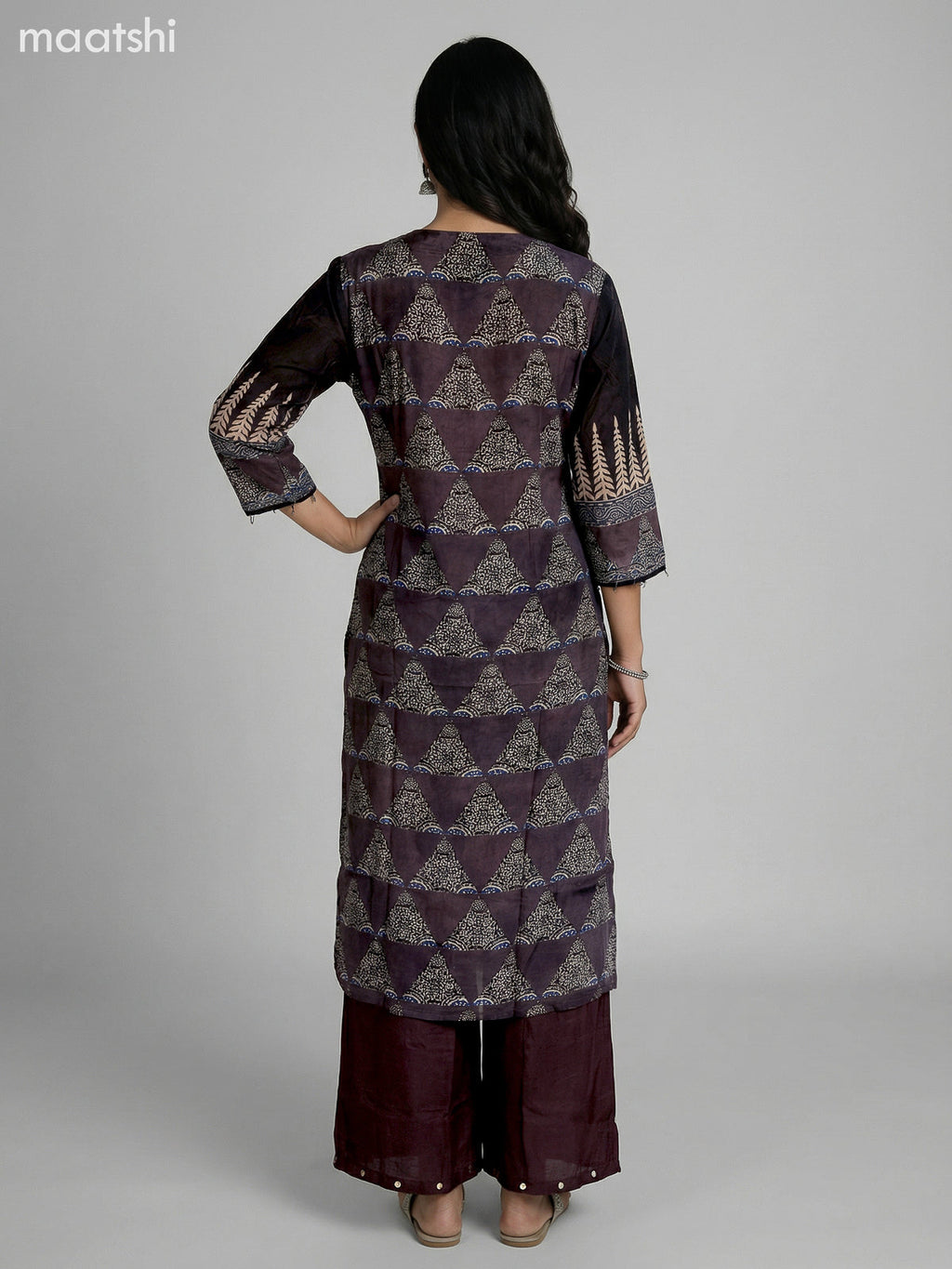 Brown and Beige Crepe Silk Ajrakh Printed Kurti Set