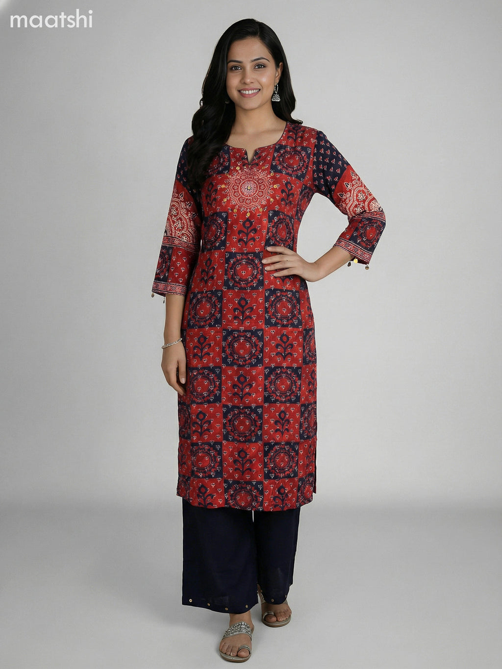 Black and Maroon Crepe Silk Ajrakh Printed Kurti Set