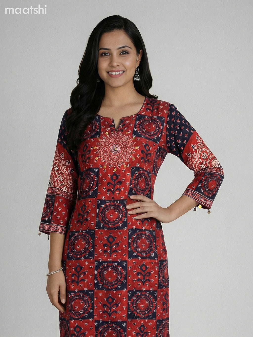 Black and Maroon Crepe Silk Ajrakh Printed Kurti Set
