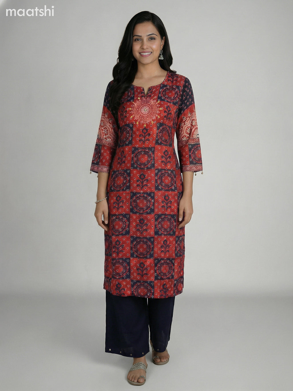 Black and Maroon Crepe Silk Ajrakh Printed Kurti Set