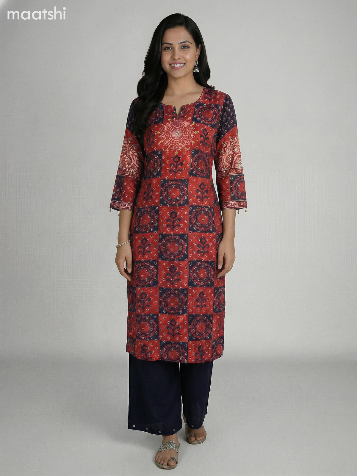 Black and Maroon Crepe Silk Ajrakh Printed Kurti Set