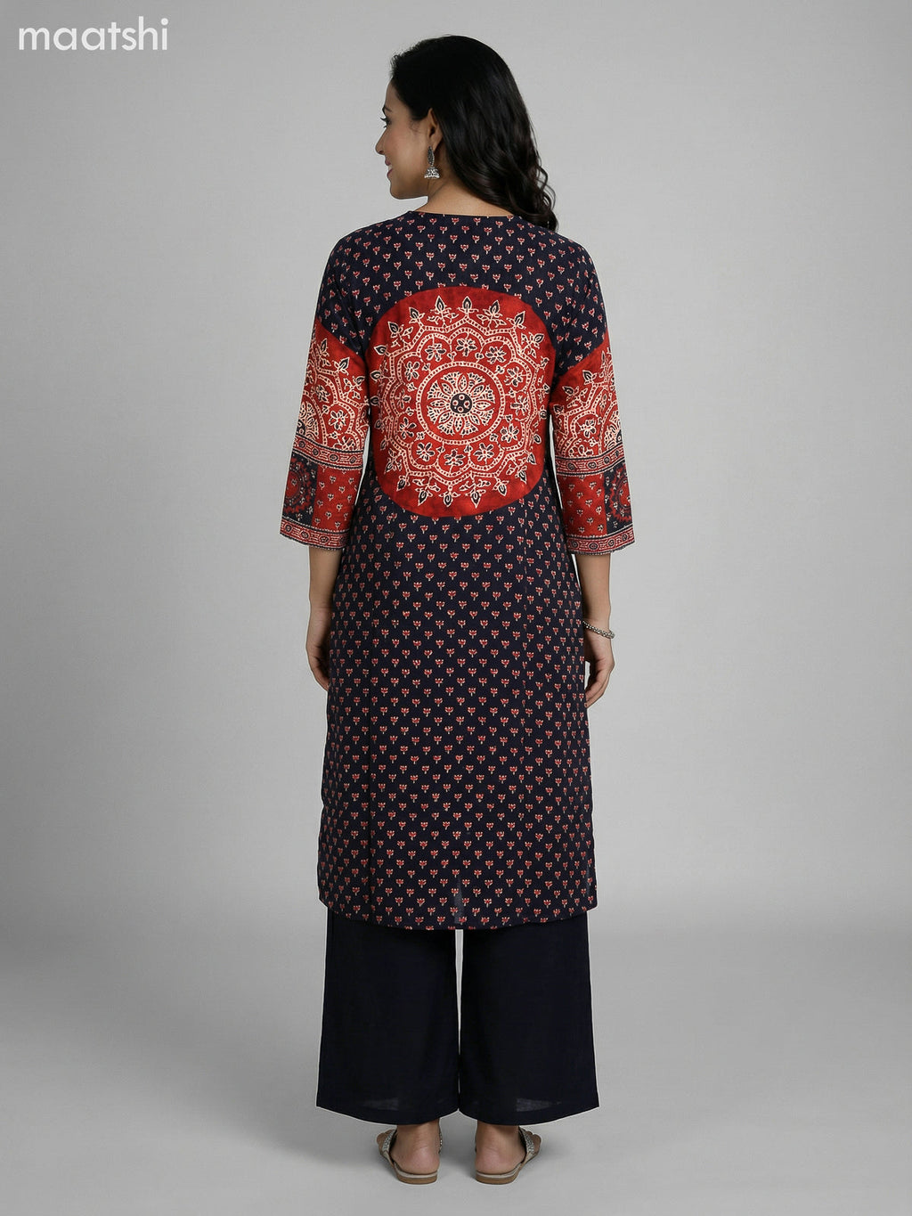 Black and Maroon Crepe Silk Ajrakh Printed Kurti Set