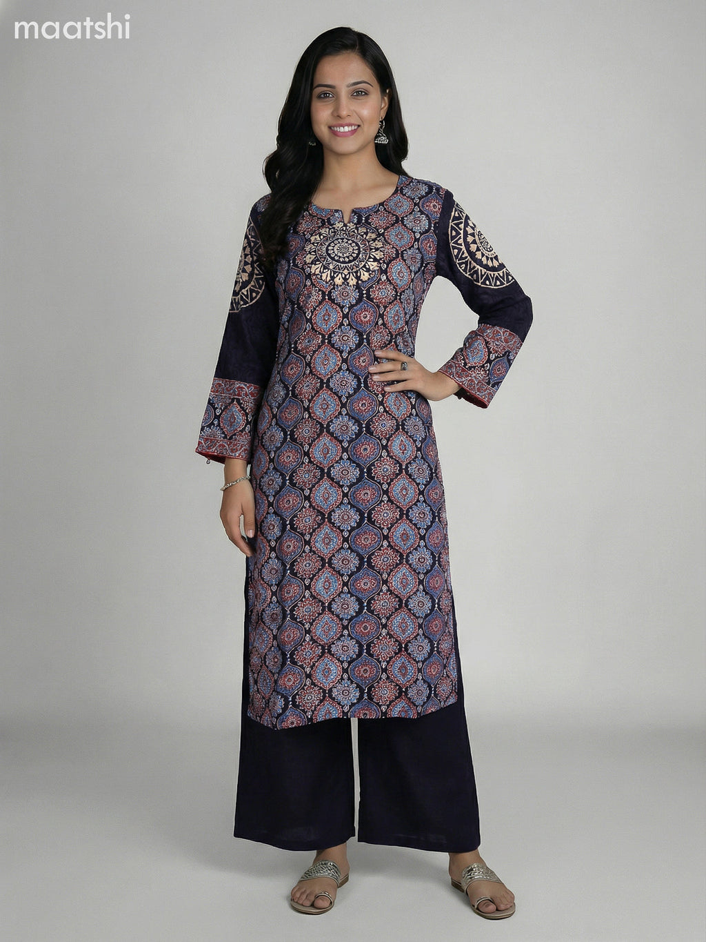 Black Crepe Silk Ajrakh Printed Kurti Set