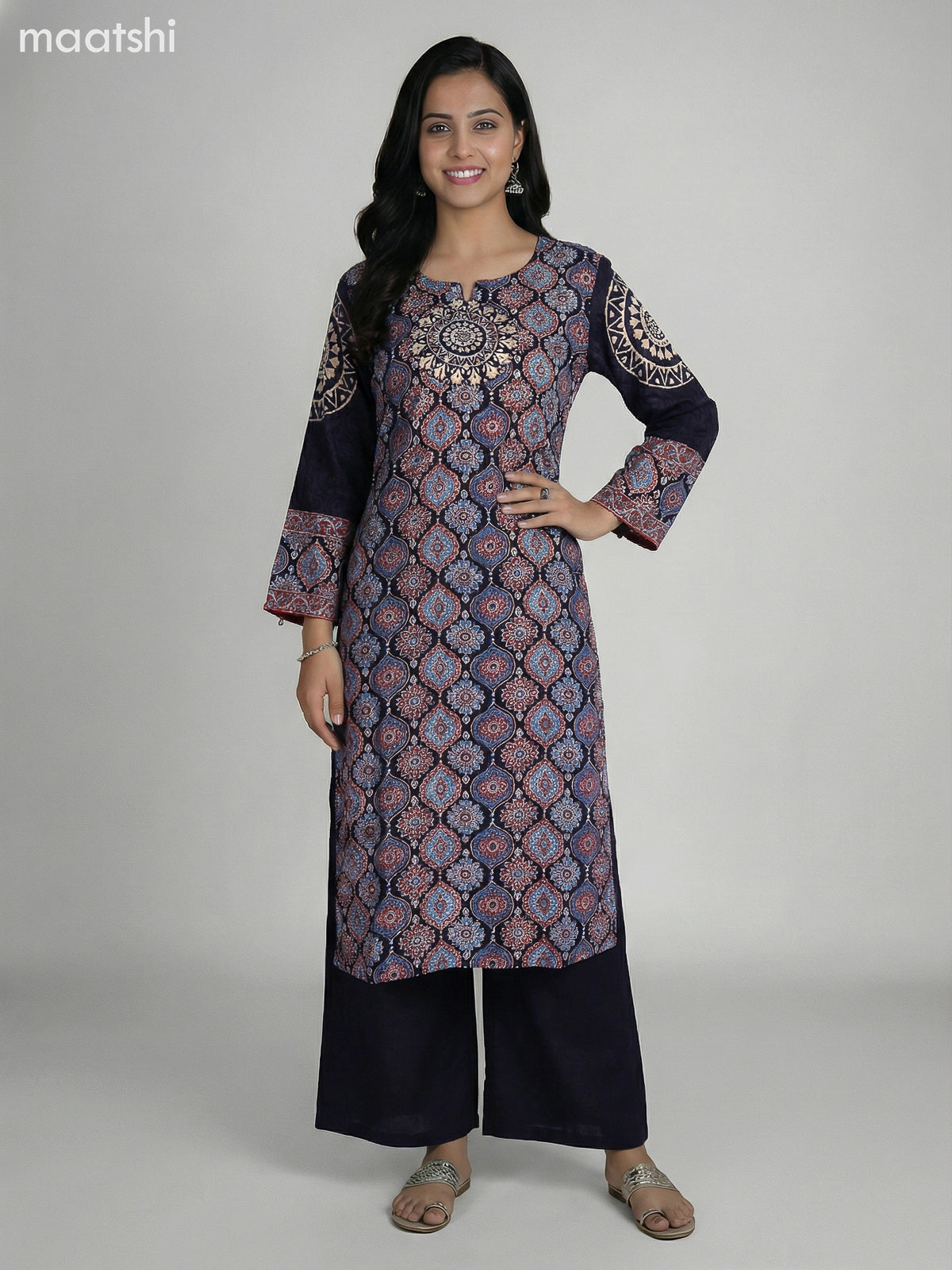 Black Crepe Silk Ajrakh Printed Kurti Set