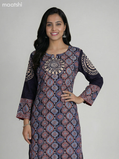 Black Crepe Silk Ajrakh Printed Kurti Set