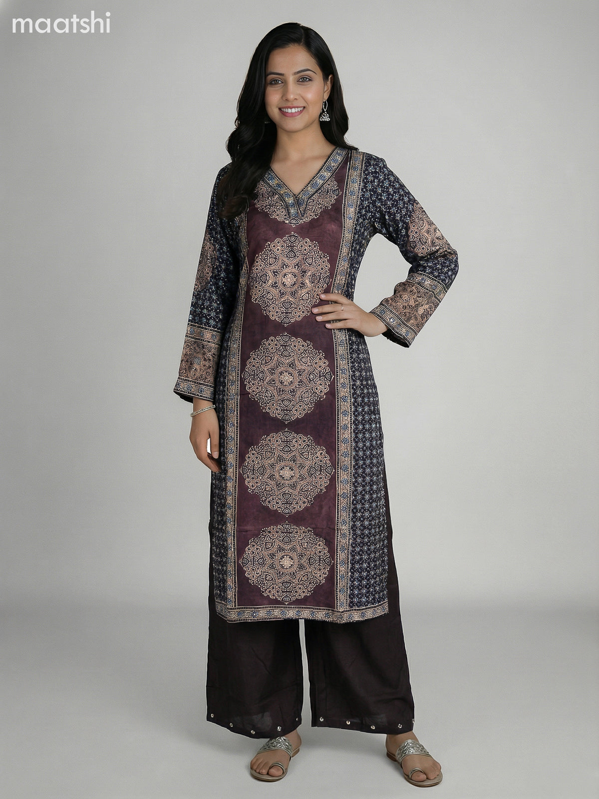 Brown and Elephant Grey Crepe Silk Ajrakh Printed Kurti Set