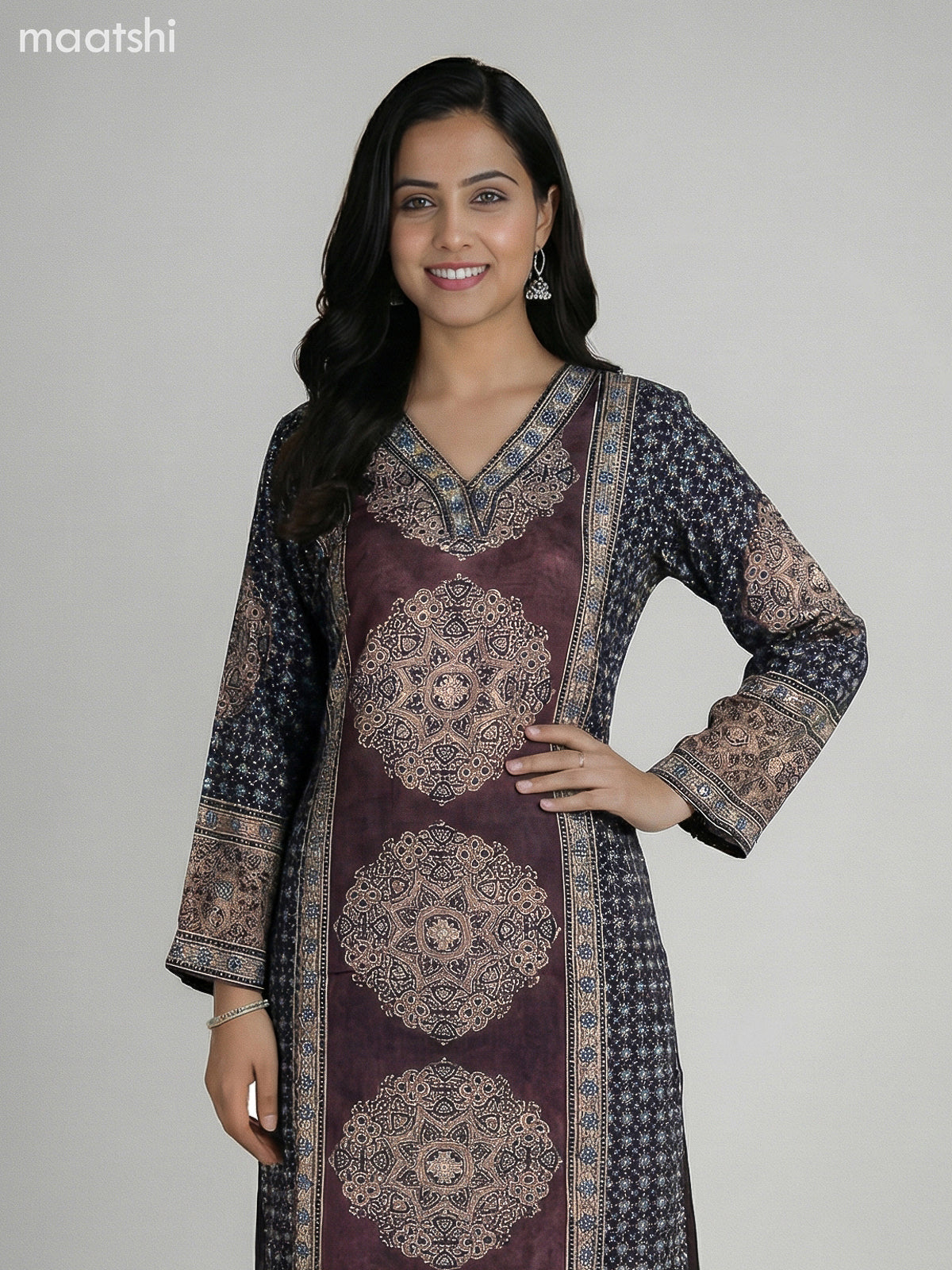 Brown and Elephant Grey Crepe Silk Ajrakh Printed Kurti Set