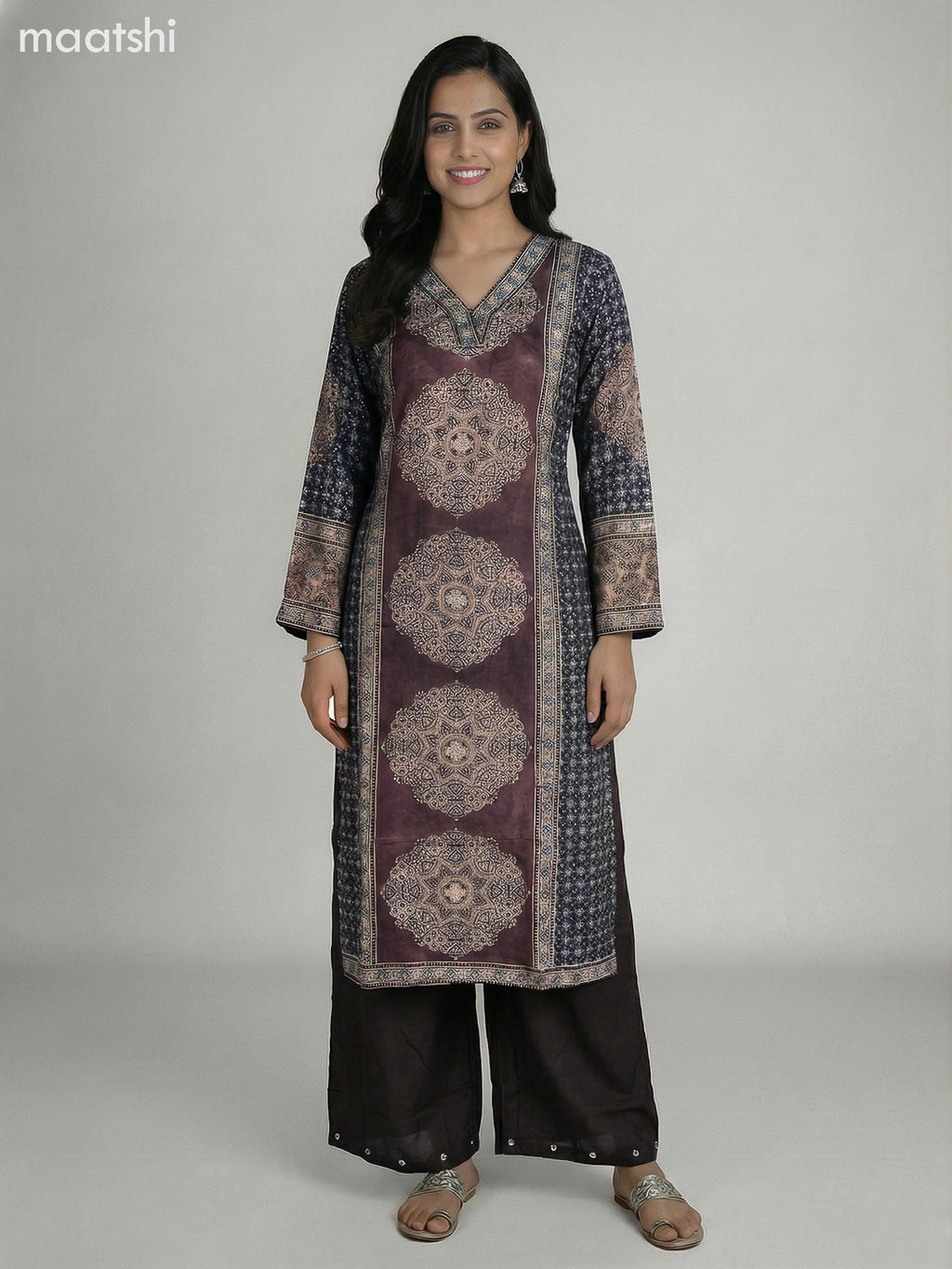 Brown and Elephant Grey Crepe Silk Ajrakh Printed Kurti Set