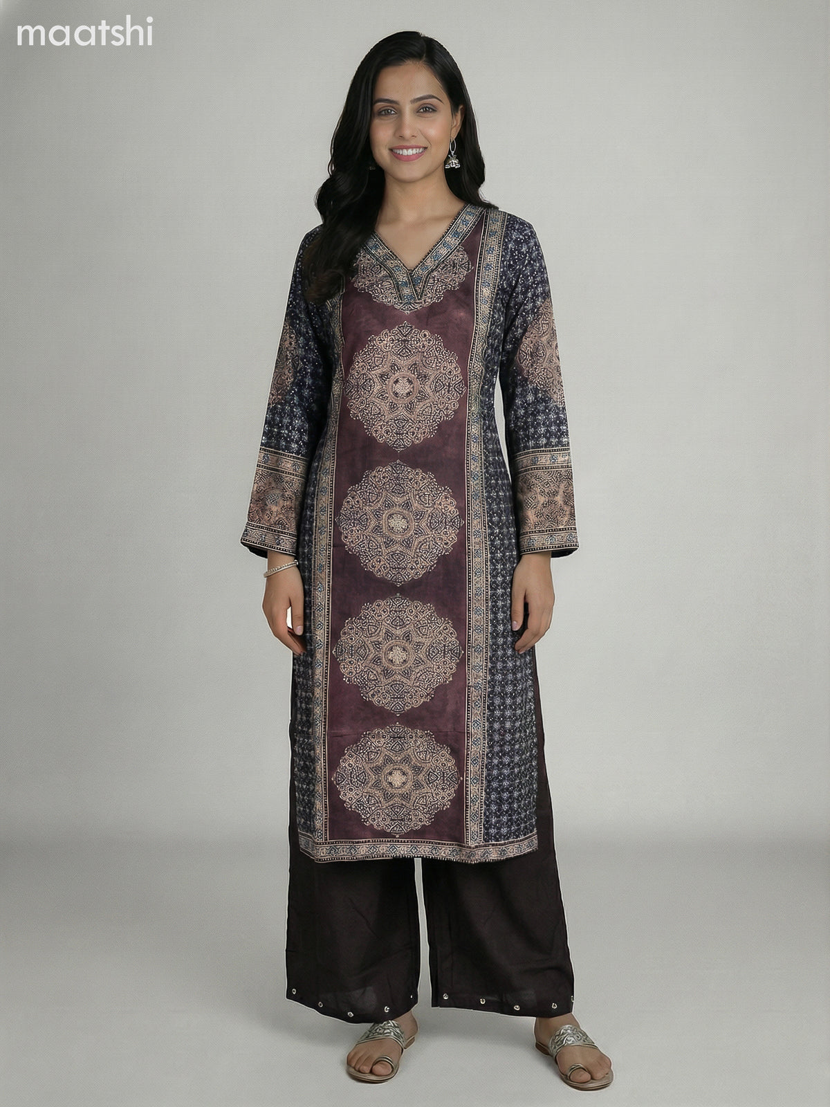 Brown and Elephant Grey Crepe Silk Ajrakh Printed Kurti Set