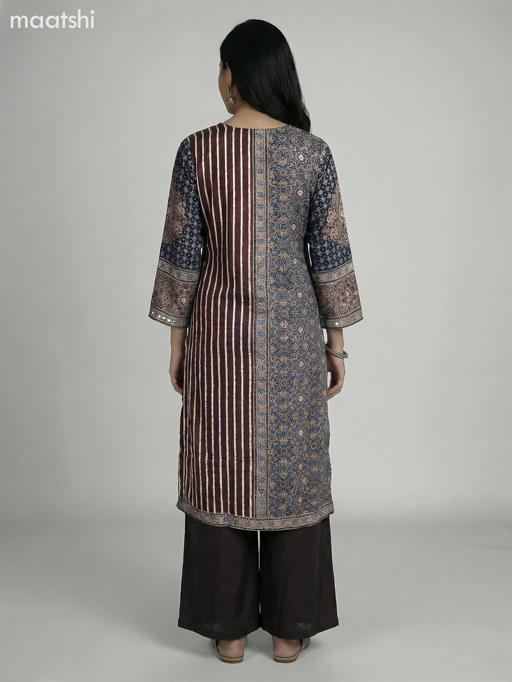 Brown and Elephant Grey Crepe Silk Ajrakh Printed Kurti Set