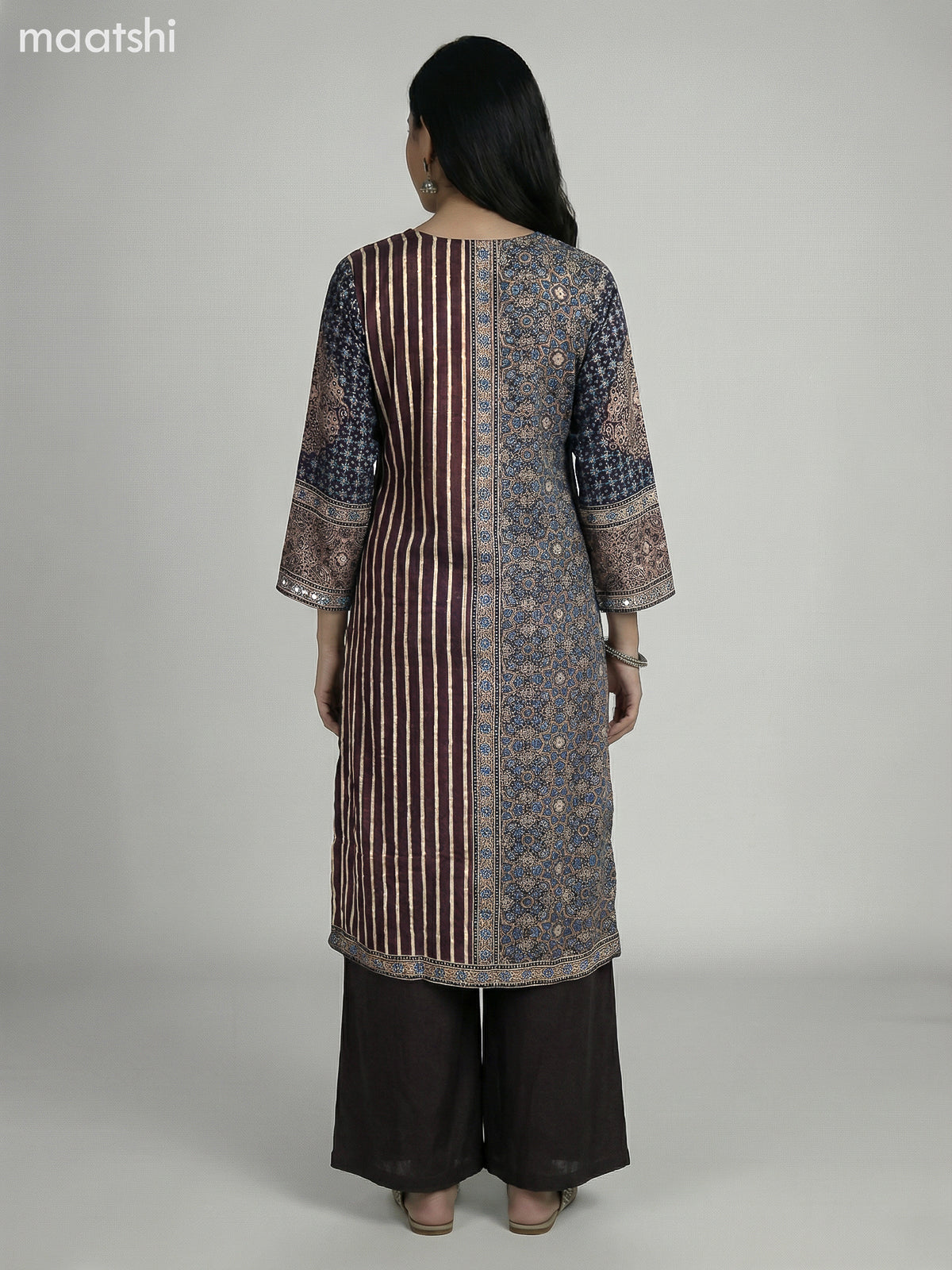 Brown and Elephant Grey Crepe Silk Ajrakh Printed Kurti Set