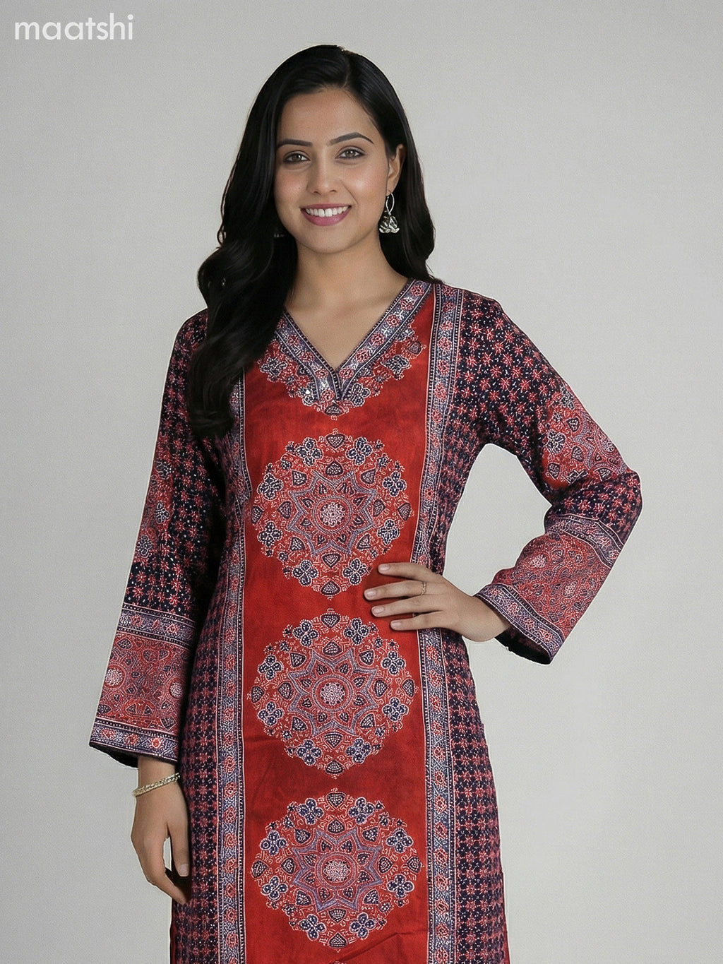 Maroon and Black Crepe Silk Ajrakh Printed Kurti Set