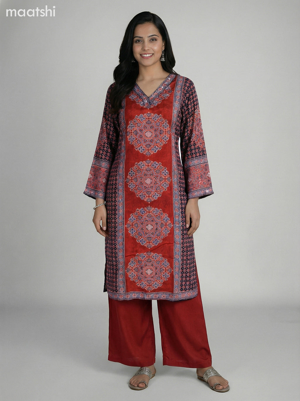 Maroon and Black Crepe Silk Ajrakh Printed Kurti Set